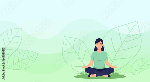 A serene illustration of a woman in a meditative pose amidst a natural backdrop featuring large leaves and soft green hues