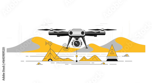 Abstract drone hovering above a minimal landscape providing detailed surveillance