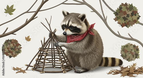 A charming illustration of a raccoon building a miniature teepee in the forest ambiance
