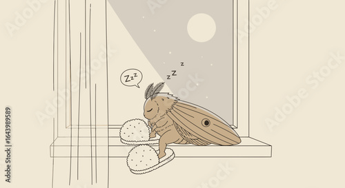 A charming illustration of a sleeping moth wearing fluffy slippers on a windowsill  under the moon light