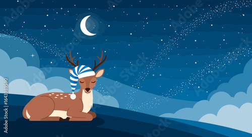 A charming illustration of a sleeping deer wearing a nightcap under a starry sky providing a serene and magical scene
