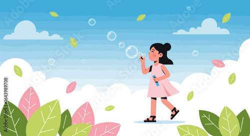 A Charming Illustration of a Young Girl Enjoying a Sunny Day Blowing Bubbles Amidst Nature
