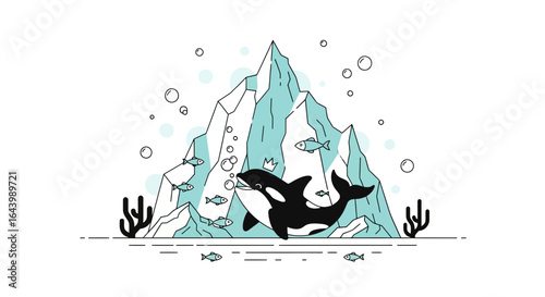 A charming line art depiction of an orca whale in its natural habitat near an iceberg and fish