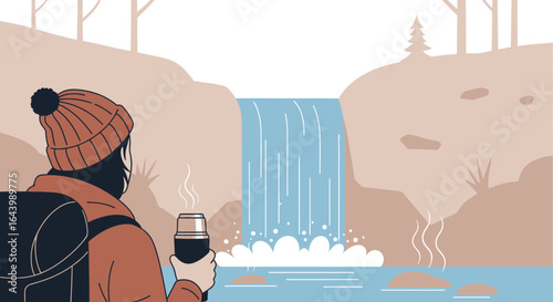 A serene moment: Backpacker enjoying the view of a waterfall with hot drink