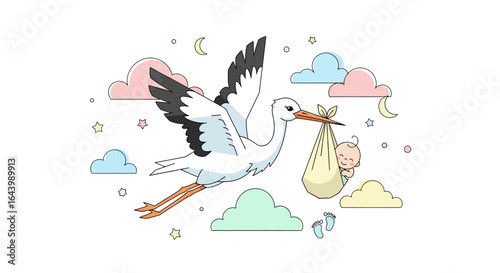 A charming stork carrying a baby in a sack amidst fluffy clouds illustration