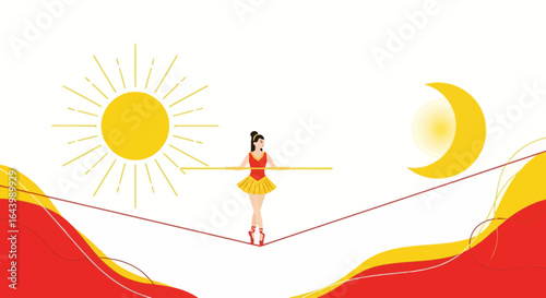 Acrobat walking on rope with sun and moon illustration representing balance and skill