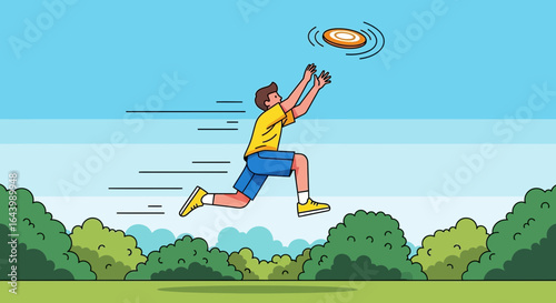 Active lifestyle illustration of a man catching a frisbee in a park on a sunny day