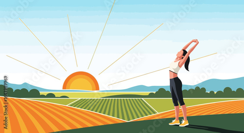 A serene morning stretching scene: Woman embraces wellness at sunrise in nature