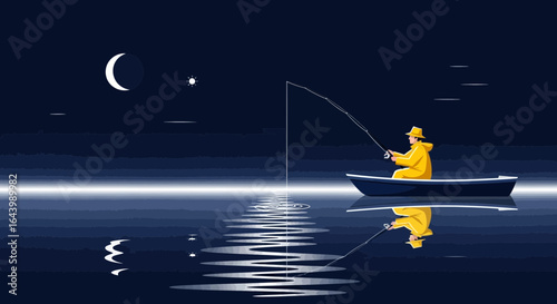 A serene night fishing illustration featuring a lone figure in a boat under the moonlight reflecting on calm waters