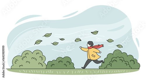 Active Man Enjoying Autumn Wind Weather, Running After Leaves in Park