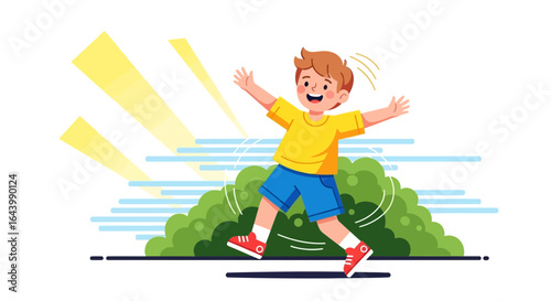 A cheerful boy running through a park enjoying the sunshine and open space happy and carefree during summer vacation full of joy