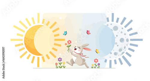 A cheerful bunny running through a sunny and moonlit scene with flowers and butterflies illustration