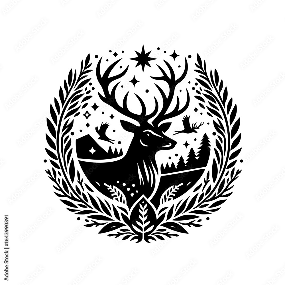 Obraz premium Illustration of a deer with large antlers in a forest setting isolated on white background