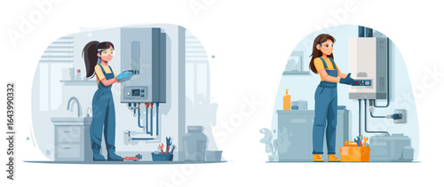 Female Technicians Working on Water Heater