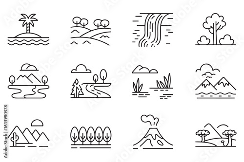 Explore a modern set of outline vector icons depicting various nature landscapes, such as mountains, rivers, waterfalls, islands, and forests, perfect for digital design.