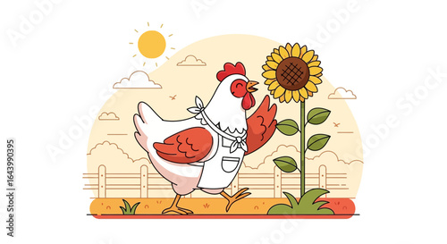 A cheerful cartoon chicken wearing an apron strolls past a sunflower on a sunny day illustration