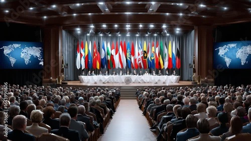 Global Summit: A prestigious conference of delegates from countries worldwide convene, flags of nations displayed prominently. The auditorium buzzed with international unity.