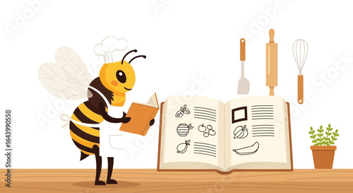 Adorable Bee Chef Studying a Cookbook for Delicious Recipes Illustration