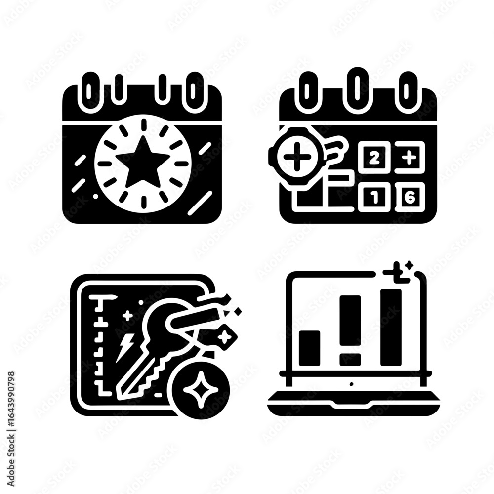 Calendar, key, and graph icons isolated on white background for planning and access Calendar, key, and graph icons isolated on white background for planning and access