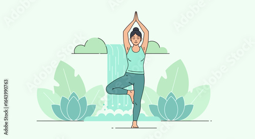 A serene yoga practice in nature wellness illustration with a calming waterfall backdrop