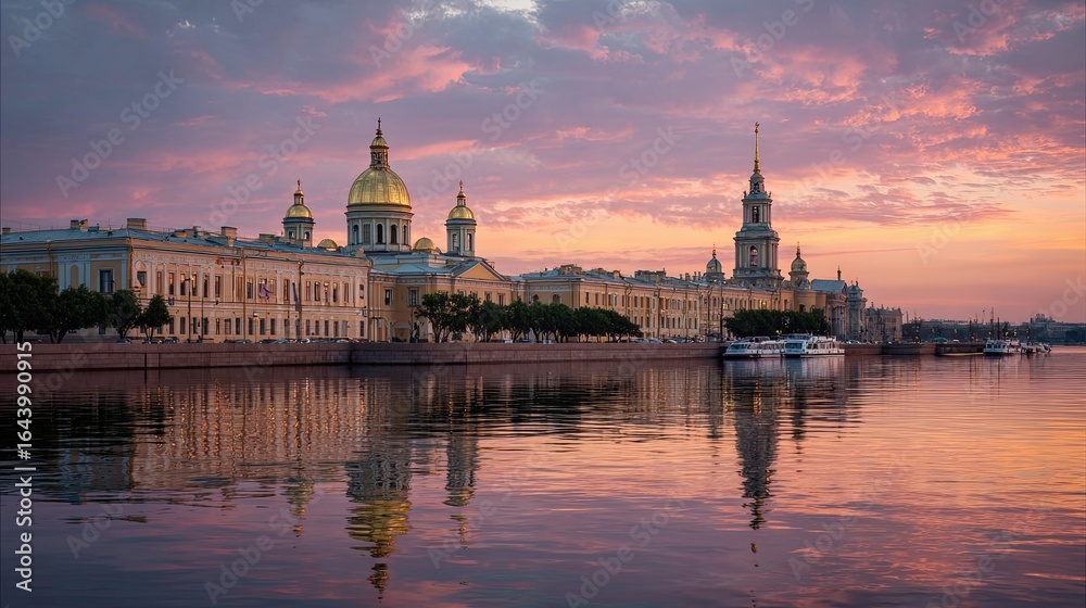 Obraz premium The golden domes of Saint Petersburg glow softly at sunset, casting a warm light over the historic city.