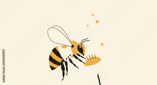 A Simple Artistic Illustration of a Bee Collecting Pollen from a Flower