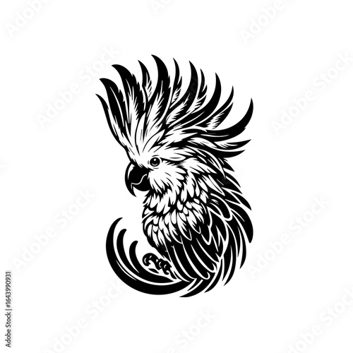 Detailed black and white illustration of a cockatoo with prominent crest isolated on white background