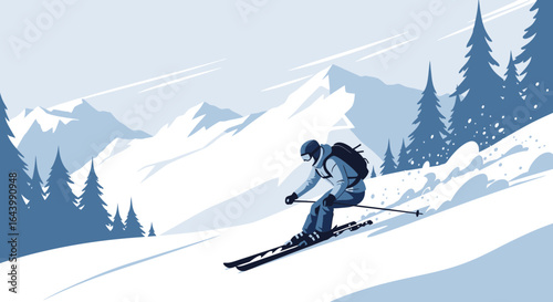 A skier carving down a snowy mountain slope surrounded by pine trees and mountains