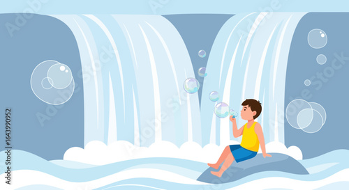 A cheerful cartoon illustration of a boy blowing bubbles by a serene waterfall scene filled with joy and innocence showcasing carefree play