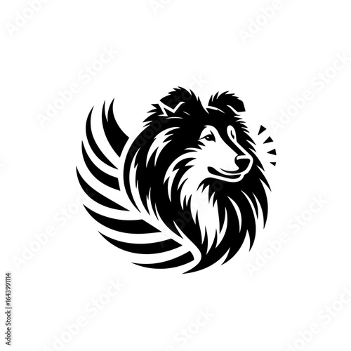 Illustration of a collie dog head with fur isolated on white background