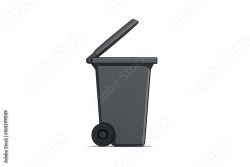 Side view of open dark gray trash can with wheels isolated on transparent background
