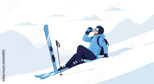 A skier taking a break with a drink in the snowy mountains, enjoying the winter scenery after skiing, vector illustration
