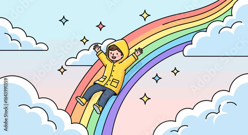 A cheerful cartoon illustration of a kid sliding down a vibrant rainbow in the sky surrounded by fluffy clouds and stars