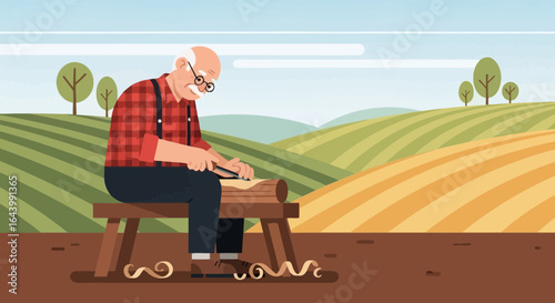 A skilled elderly woodcarver, shaping wood in a scenic field with expertise and craftsmanship showcasing an old hobby with a new beginning