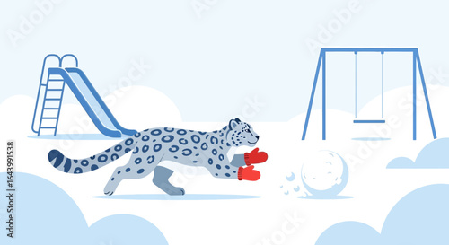 A snow leopard wearing mittens playfully chases a snowball in a winter park scene illustration