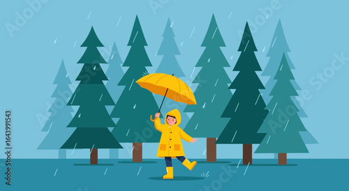 A cheerful child in a yellow raincoat enjoying a rainy day in the forest scene