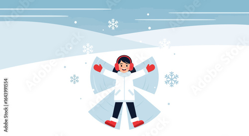 A cheerful girl making a snow angel, enjoying winter fun and snowy landscapes with falling snowflakes creating a joyful scene