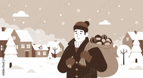 A cheerful man carrying a sack through a snowy village on a winter's day celebration