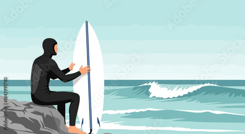 A surfer in a wetsuit sitting on a rock with a surfboard admiring the sea waves