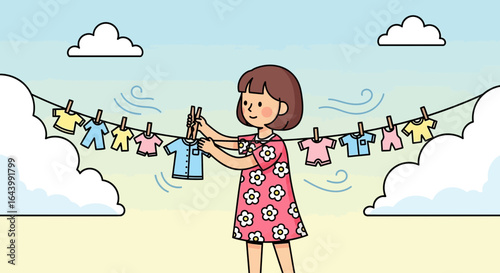 A cheerful woman hangs colorful shirts on a clothesline on a breezy day at home illustrating domestic life