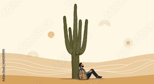 A traveler rests under the shade of a cactus in the vast desert landscape with a serene and minimalist design