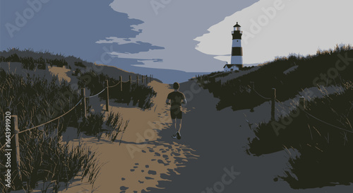 Illustration of a person jogging on a scenic coastal path towards a beacon lighthouse on the horizon.