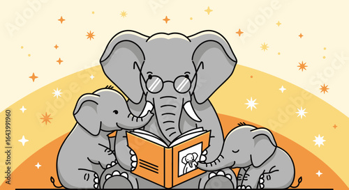 Adorable cartoon illustration featuring an elephant reading to its two young calves