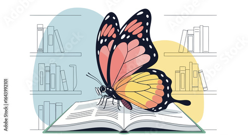 A Colorful Butterfly on an Open Book in Front of a Bookshelf Illustration
