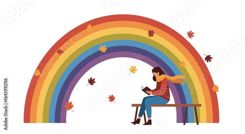 A Colorful Autumn Reading: Woman on Bench Under Rainbow with Falling Leaves