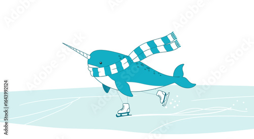 Adorable cartoon narwhal character ice skating on a rink with a scarf in vector illustration