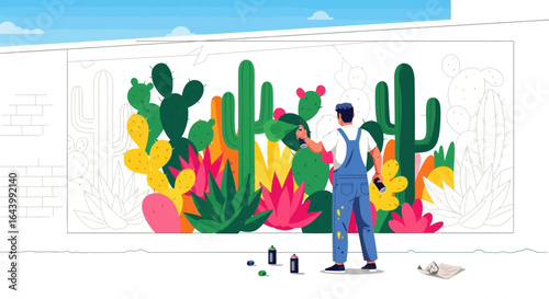 A colorful cactus mural painted by an artist adding vibrant hues to the wall urban scene