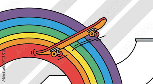 A colorful illustration featuring a skateboard gliding over a vibrant rainbow design