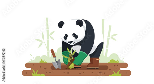 Adorable Cartoon Panda Planting Bamboo Shoot in Garden with Gardening Tools Illustration