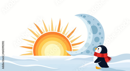Adorable cartoon penguin against sun and moon, whimsical vector illustration, suitable for children, warm and cold contrast